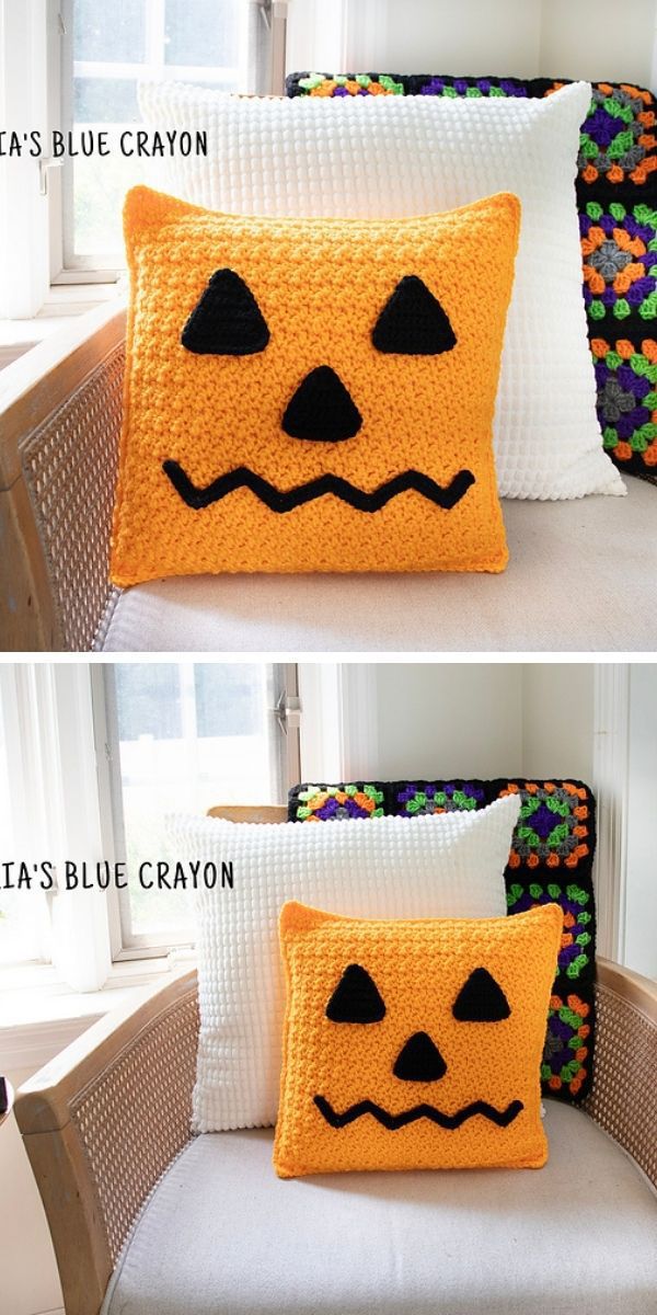 A jack-o-lantern face crochet pillow