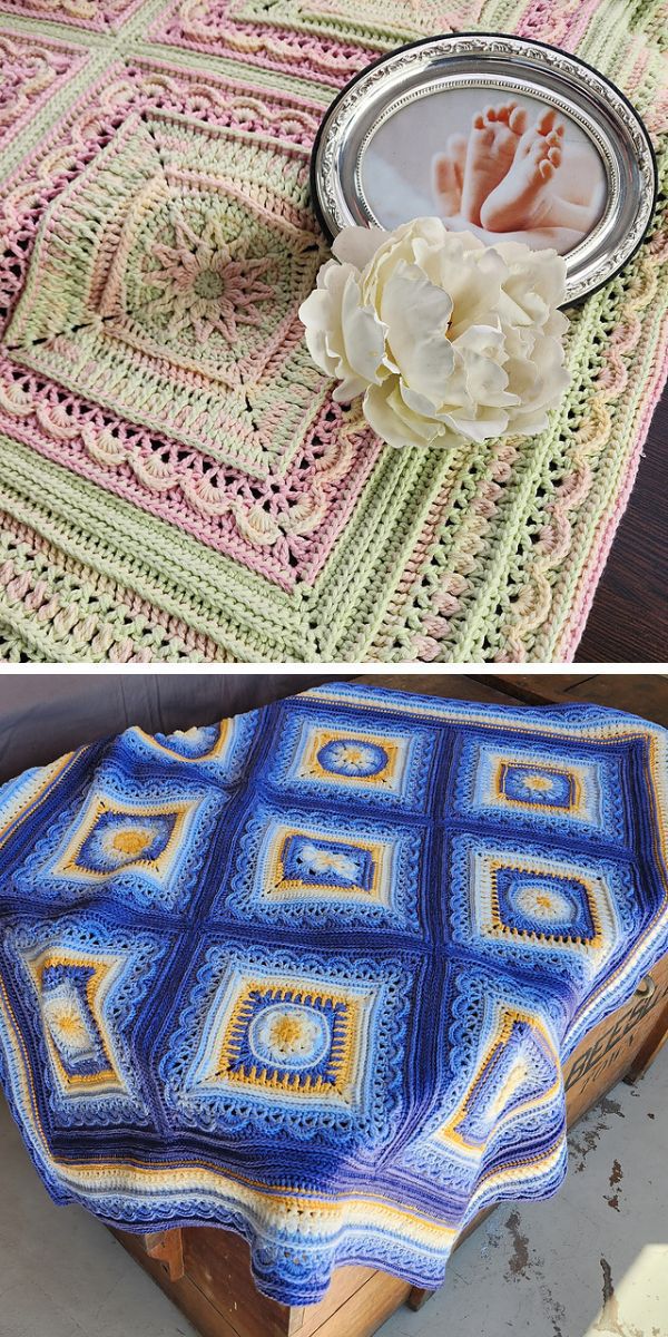 A crocheted afghan with a picture of a baby on it, perfect for crochet blanket CALs.