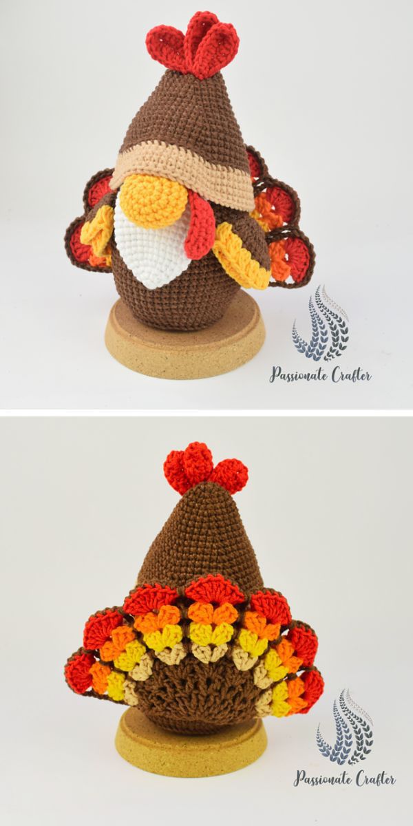 A crocheted thanksgiving turkey gnome.
