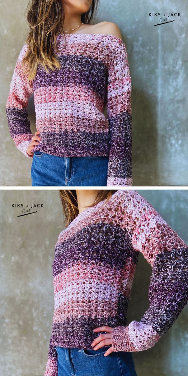 A woman wearing a crocheted sweater with an ombre design