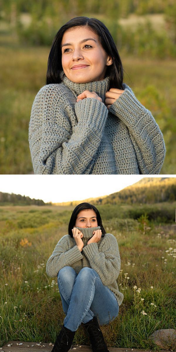 A woman in a crochet sweater sitting in a field.