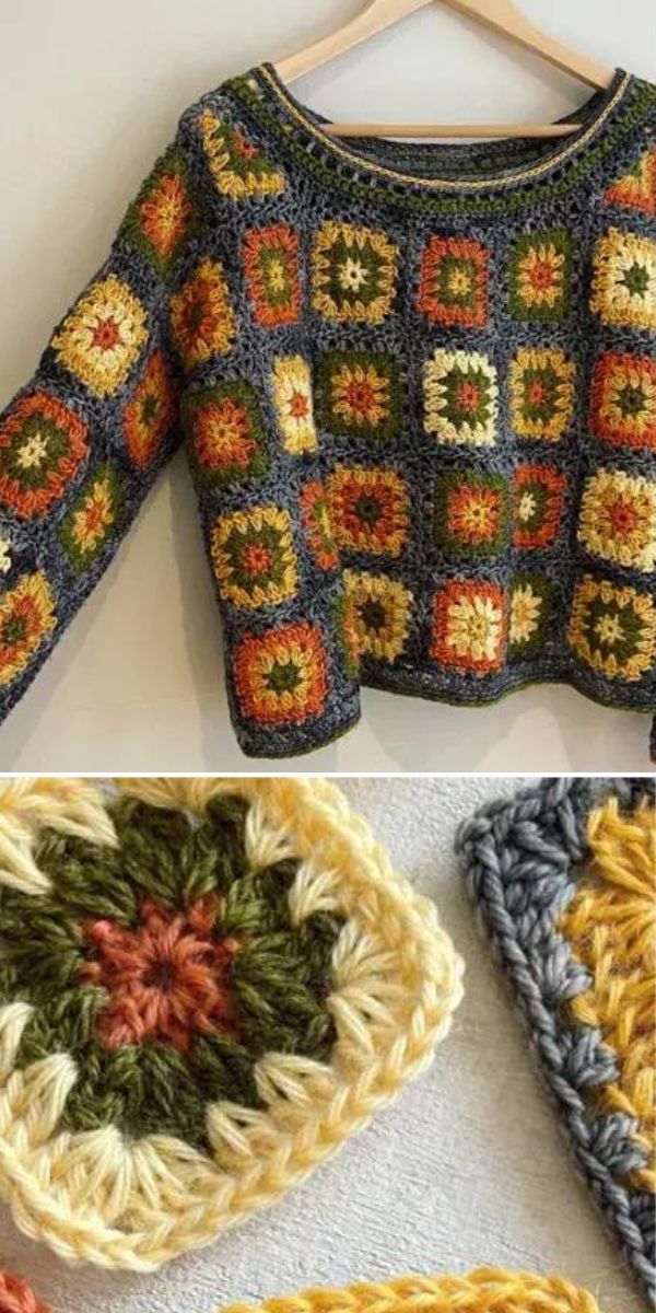 Crochet granny square sweater.
