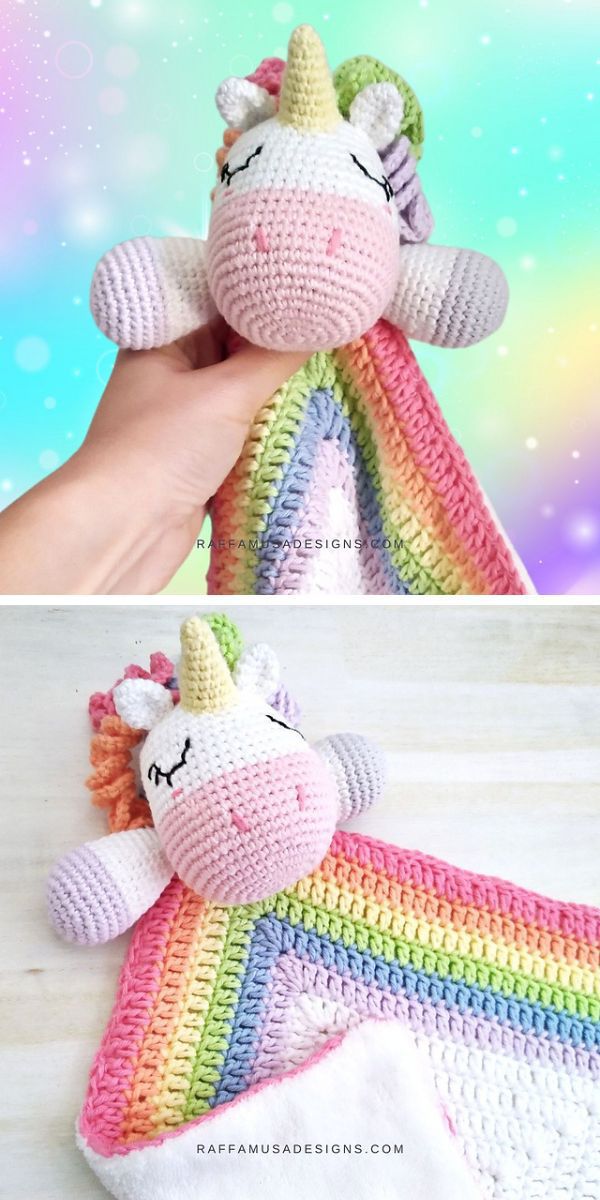 A crocheted unicorn lovey with a rainbow blanket.