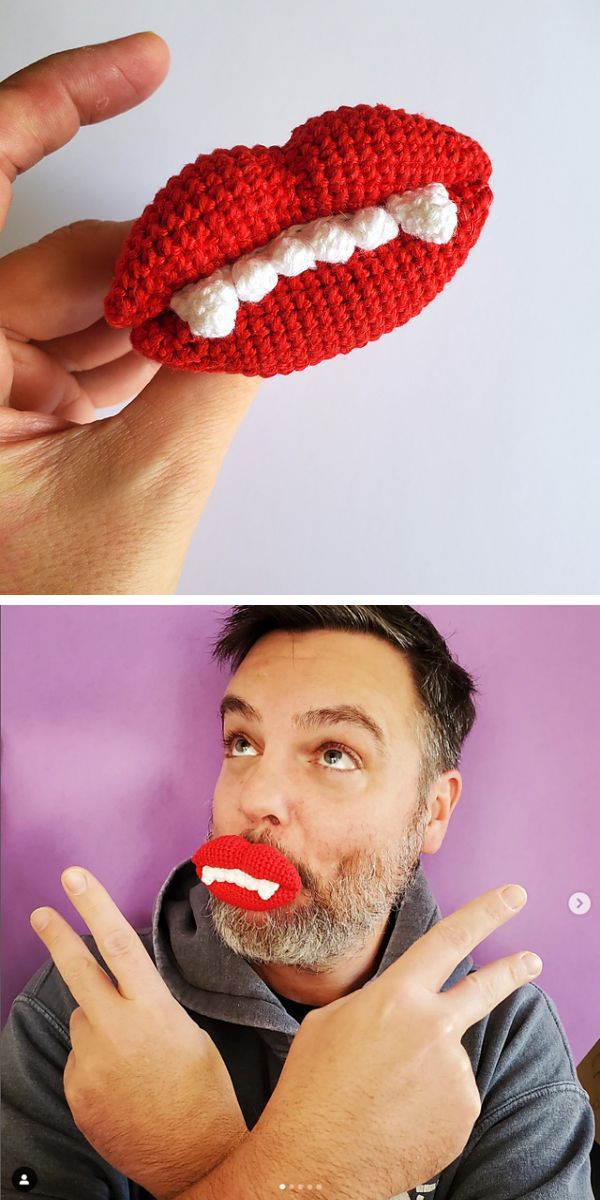 A man is holding up an amigurumi crocheted mouth.