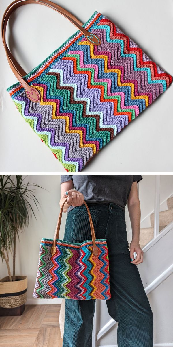 A woman is holding a crochet handbag with a zigzag design