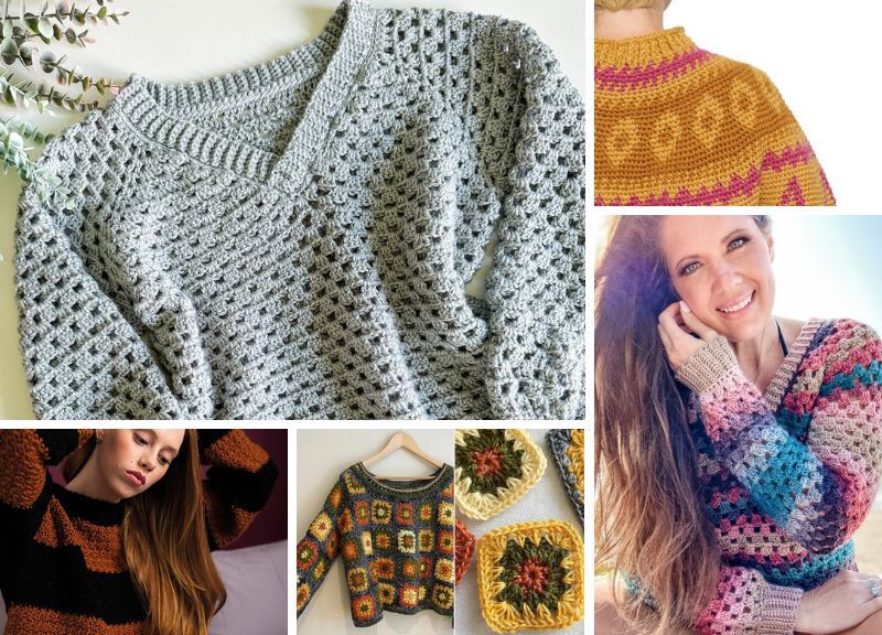 A collage of pictures of women wearing crocheted sweaters.