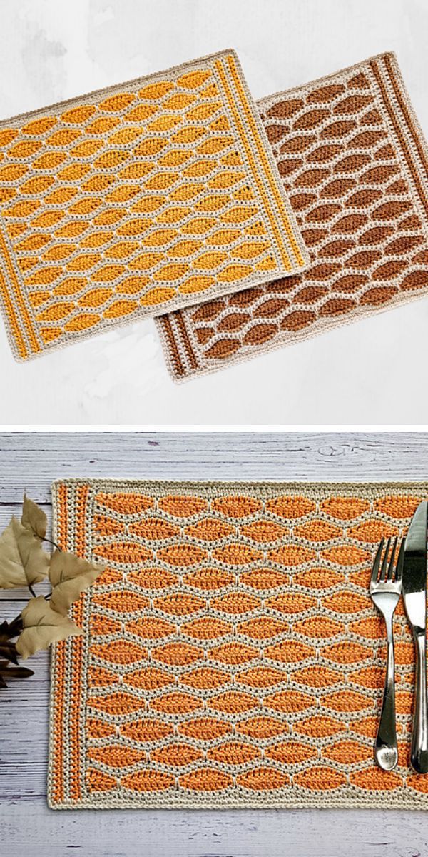 A set of crocheted placemats with forks and knives.