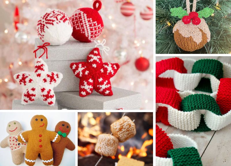 A collage of pictures of knitted christmas ornaments.