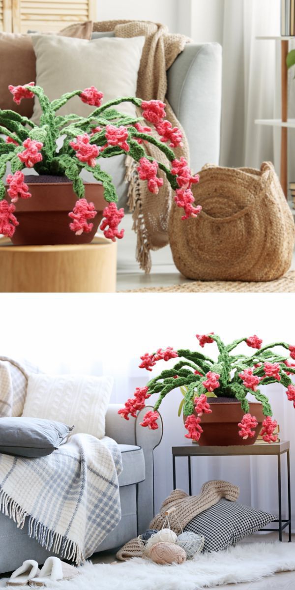 A living room with a crochet flower in a pot.