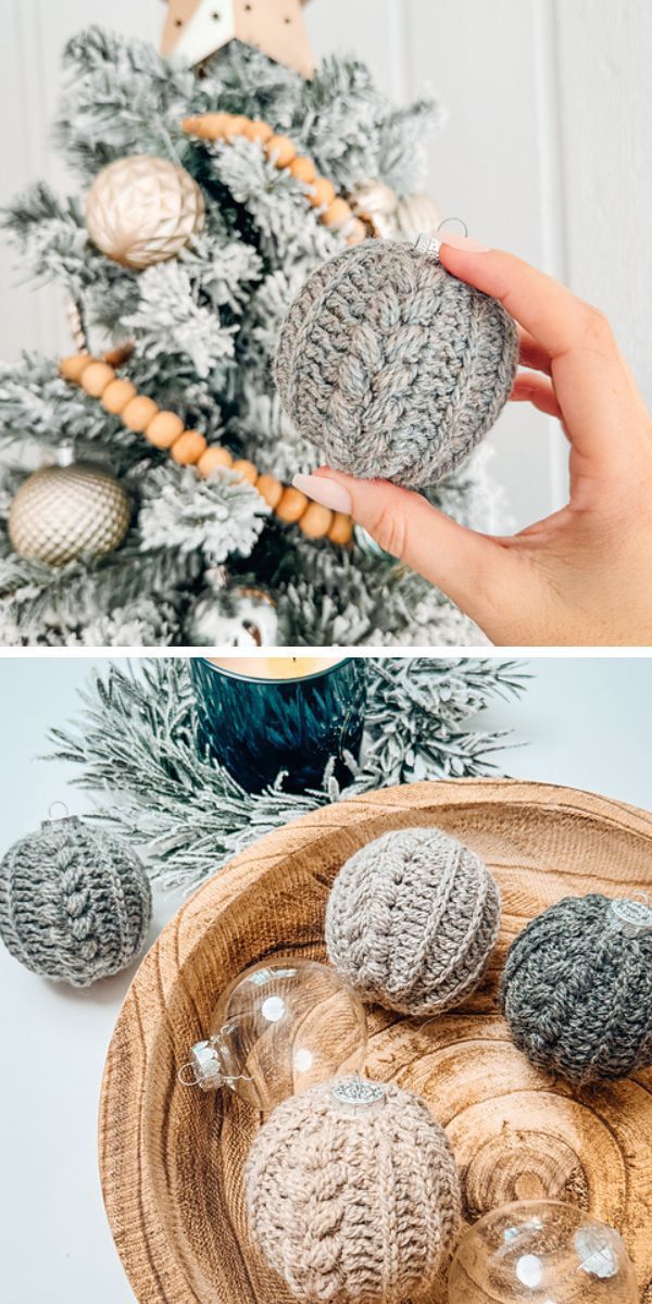 Crocheted Christmas ornaments on a wooden plate featuring crochet Christmas tree ornaments.