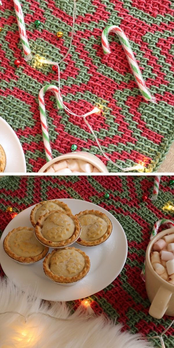 A crocheted christmas placemat with pies and candy canes.