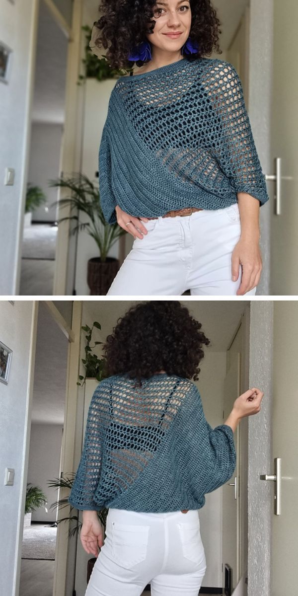 Two pictures of a woman wearing white pants and a crochet top.