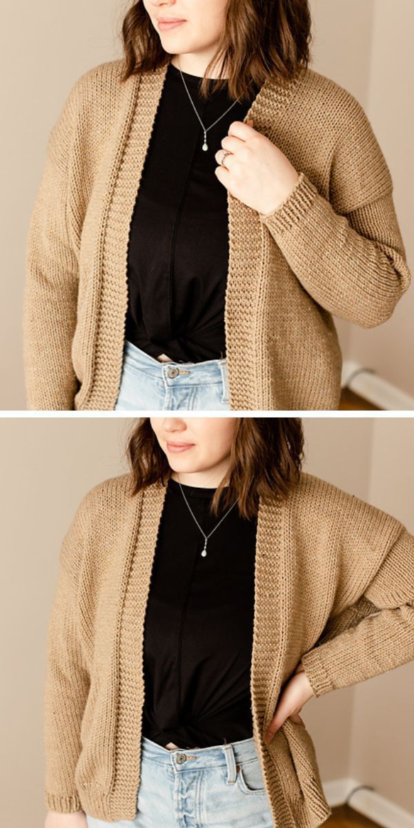         Two pictures of a woman wearing knitted cardigans.