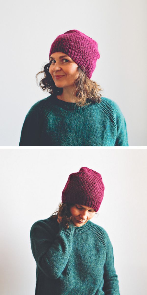 Two pictures of a woman wearing knitted beanies.