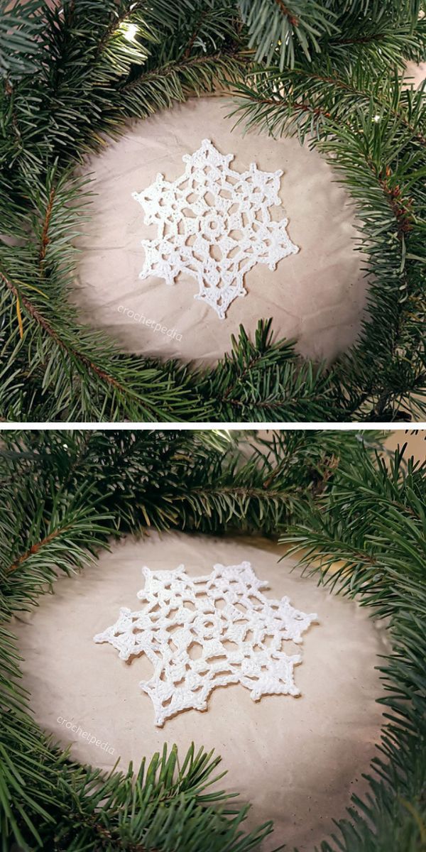 Two crochet snowflakes on a Christmas tree.