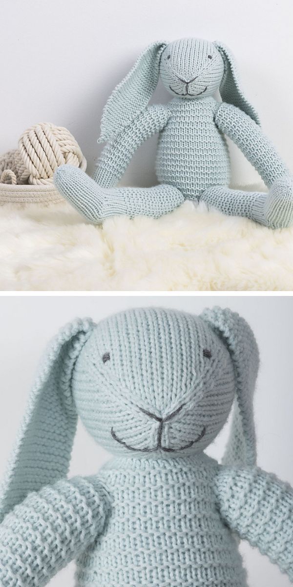 Two pictures of a knitted rabbit stuffed animal featuring free knitting patterns.