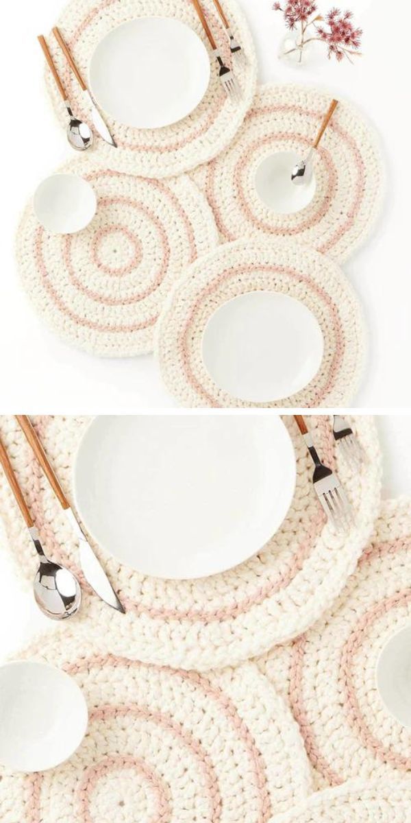 A set of round crocheted placemats with spoons and forks.