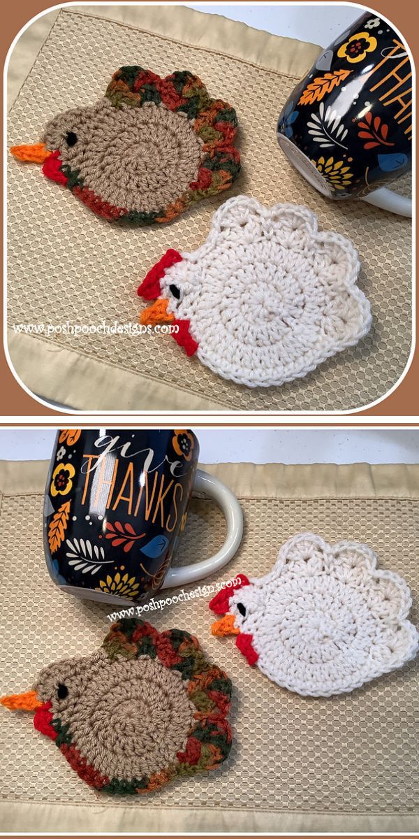 Crocheted turkeys displayed on a table.