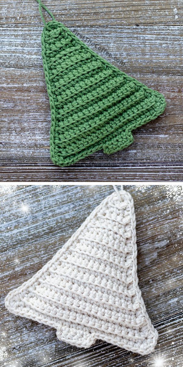 Two pictures of beautiful crochet Christmas tree ornaments.