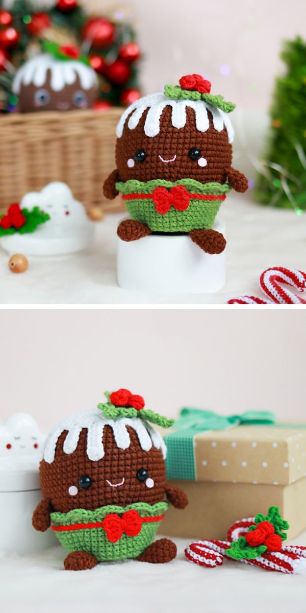 Two pictures of a tasty crocheted Christmas pudding amigurumi.