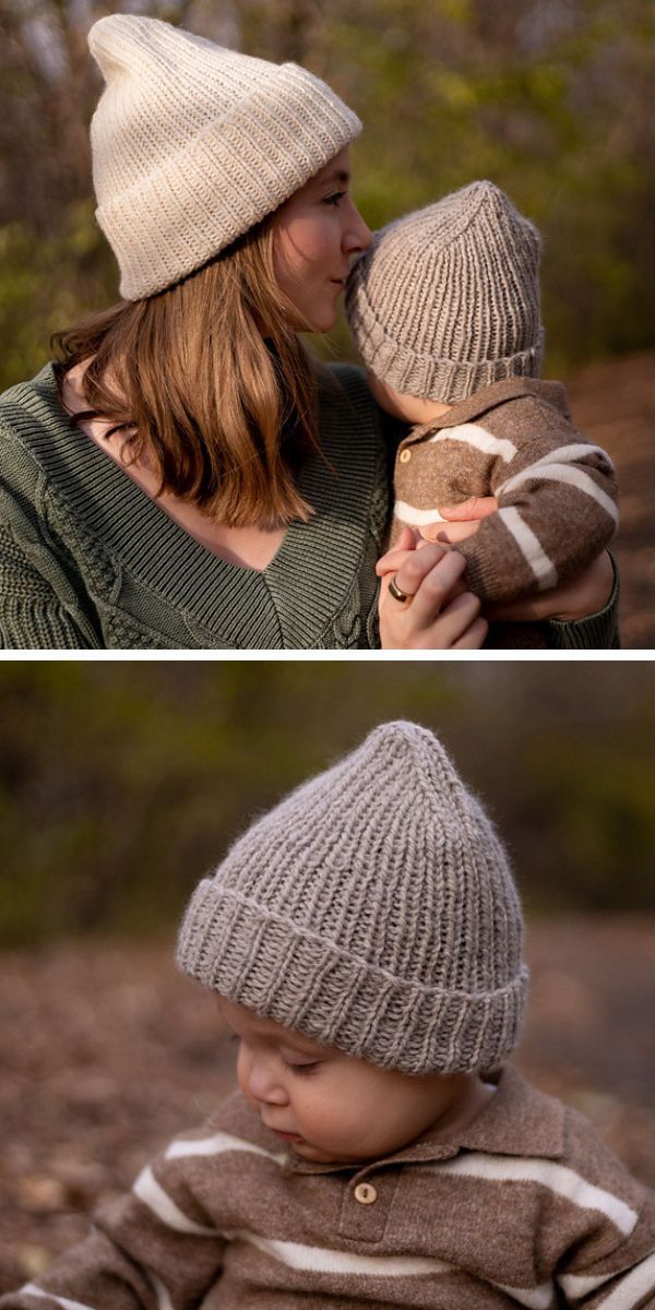 Two pictures of a baby wearing knitted beanies.