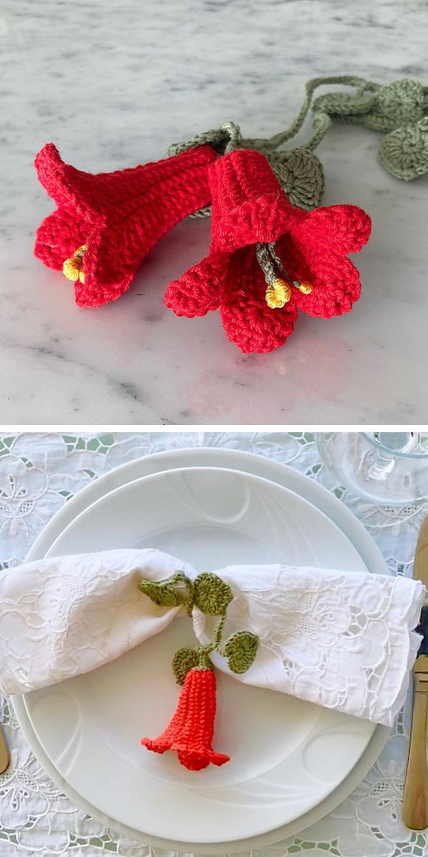         Description: Two pictures showcasing crochet flowers on a napkin.