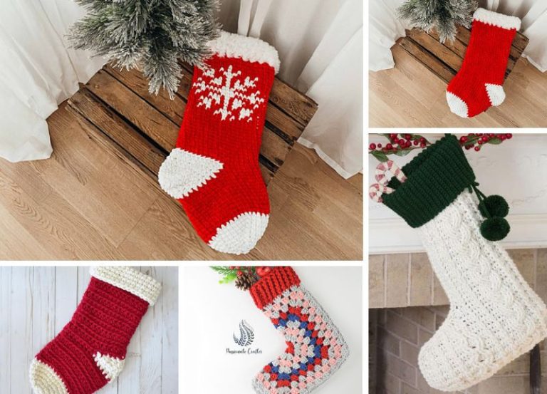 Crochet Christmas stockings in different colors and patterns.