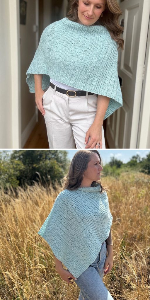 A woman wearing a light blue crochet poncho, shown indoors with white pants and outdoors in a field with jeans.