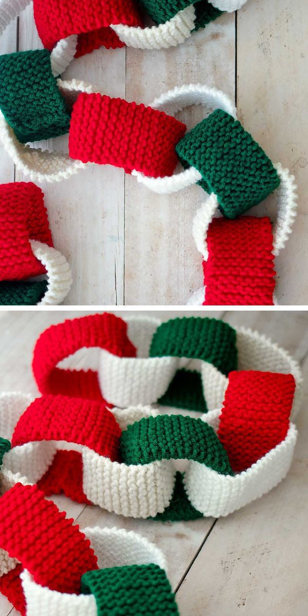 Two pictures of a knitted christmas garland.