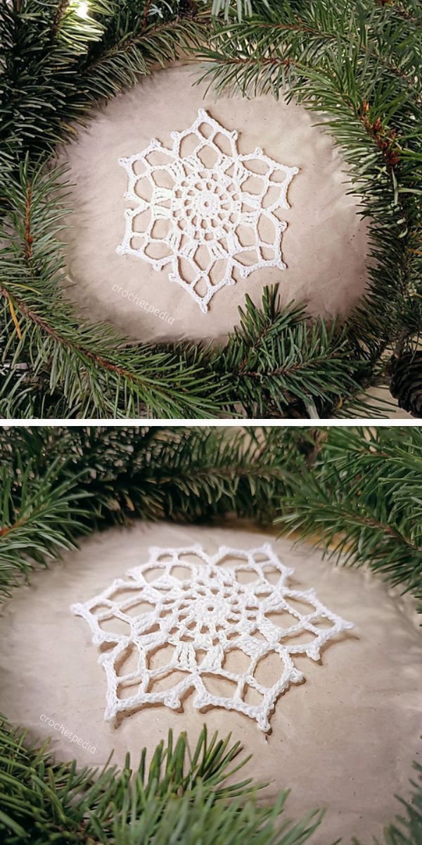 Two pictures of crochet snowflakes on a tree branch.
