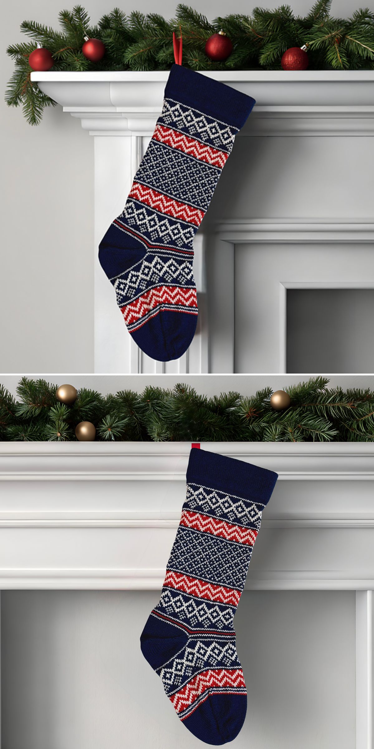 A knitted stocking with a blue, red, and white geometric pattern hangs from a mantel decorated with greenery and ornaments, adding cozy charm.