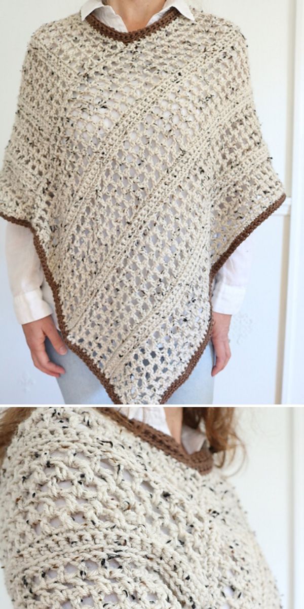 Two pictures of a woman wearing crochet ponchos.