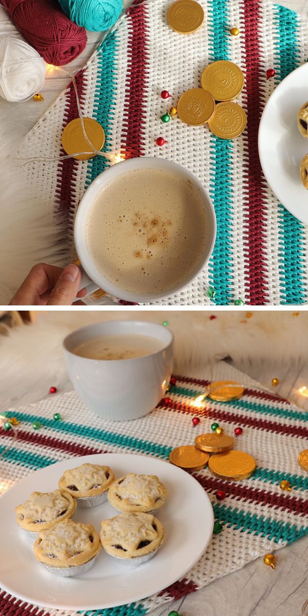 Two pictures of a plate of cookies and a cup of coffee on a crochet placemat.