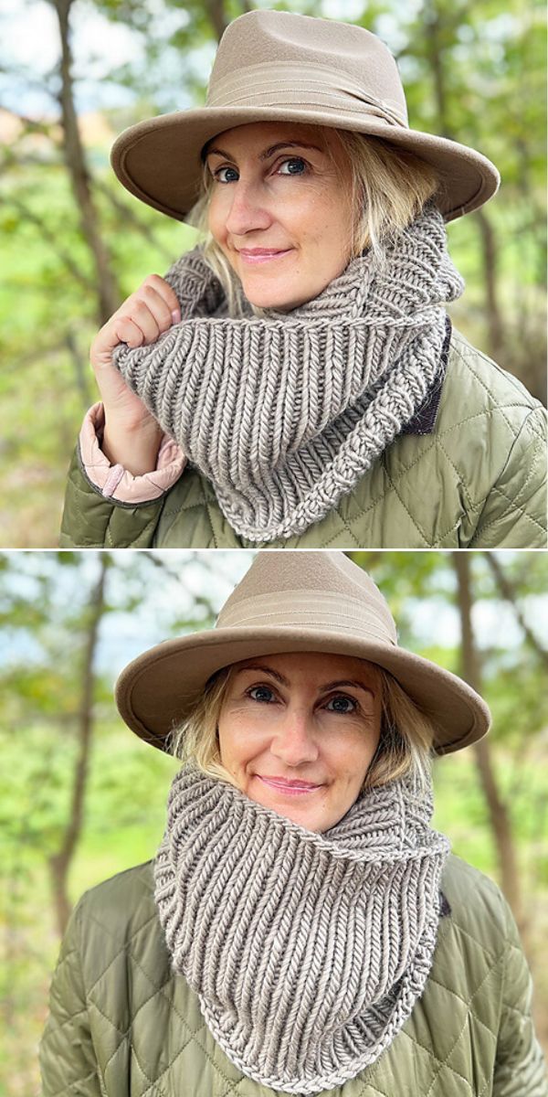 Two pictures of a woman wearing a knitted hat and scarf.