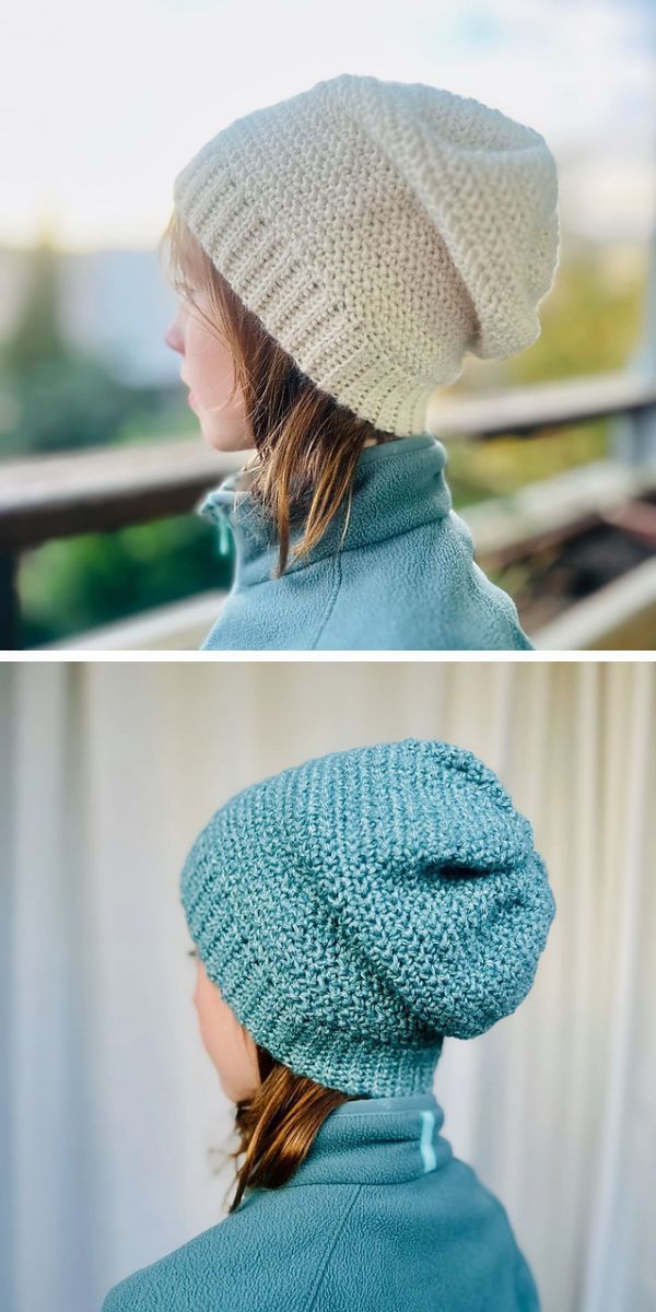 Two pictures of a trendy woman wearing a knitted hat.