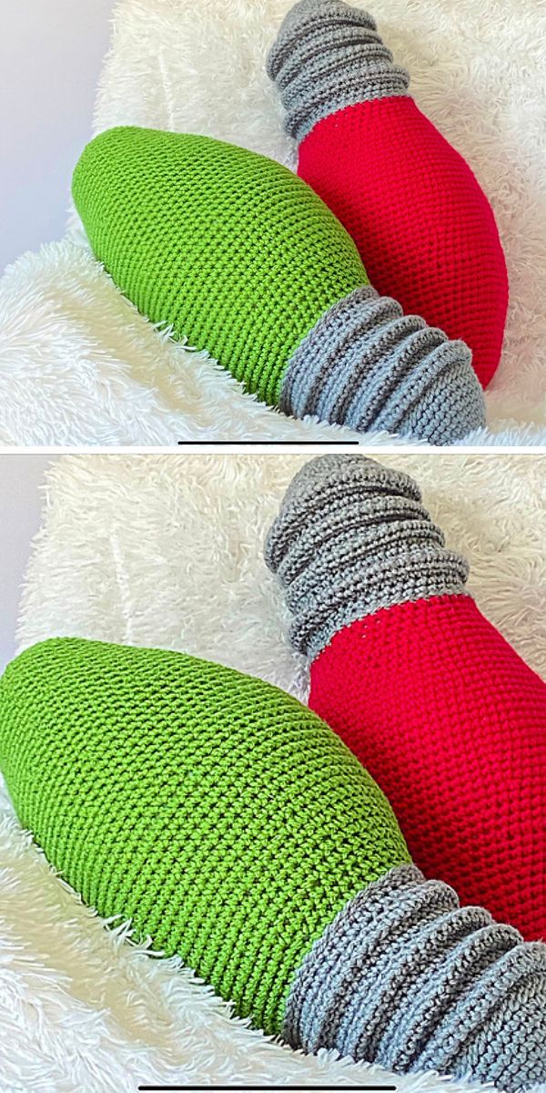 Two crochet pillows shaped like christmas lights.
