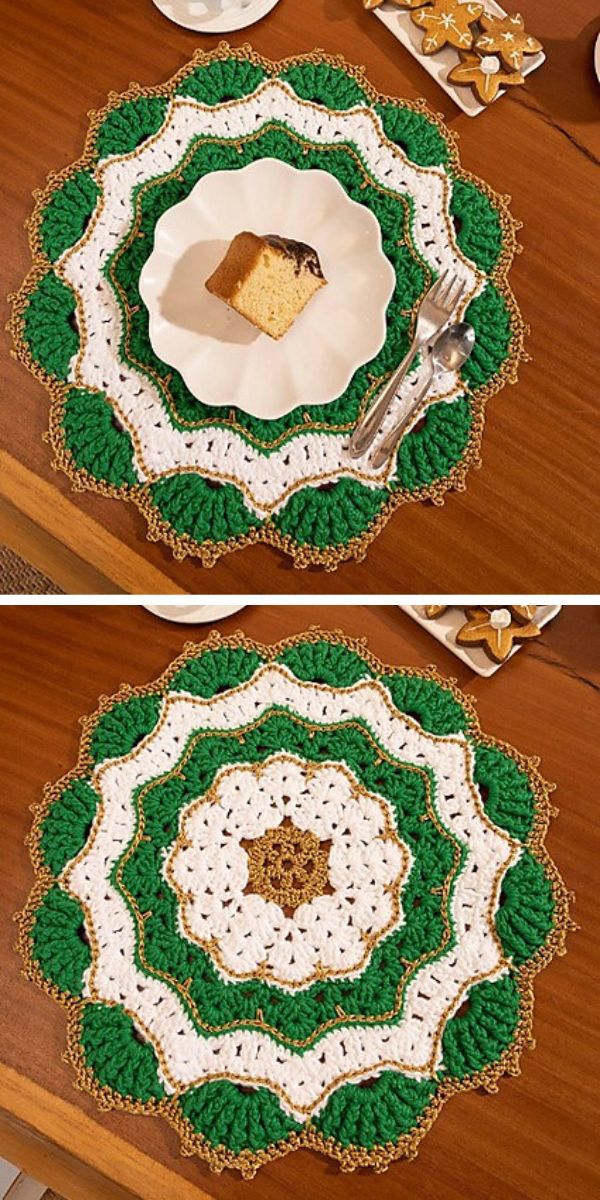 Two crocheted placemats displayed on a table.