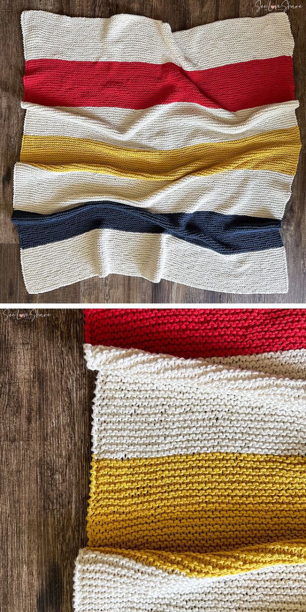 Two pictures of a color block knitted blanket.