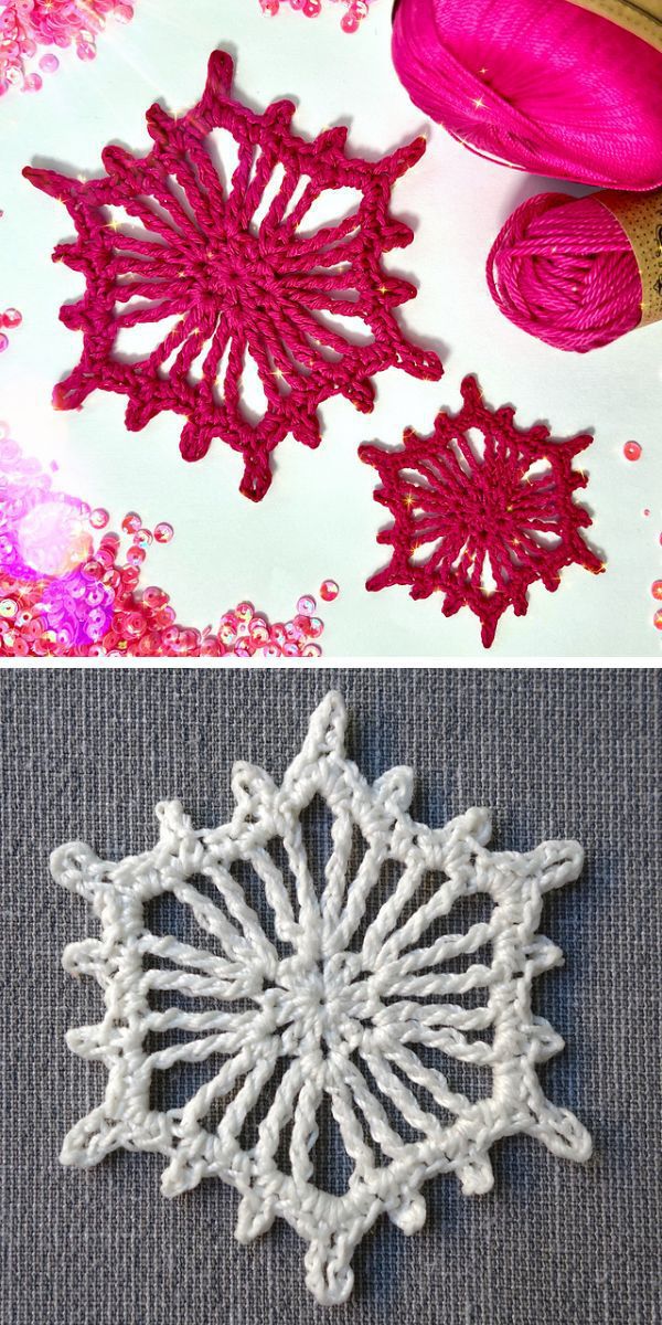 A crochet pattern featuring two intricate snowflake designs.