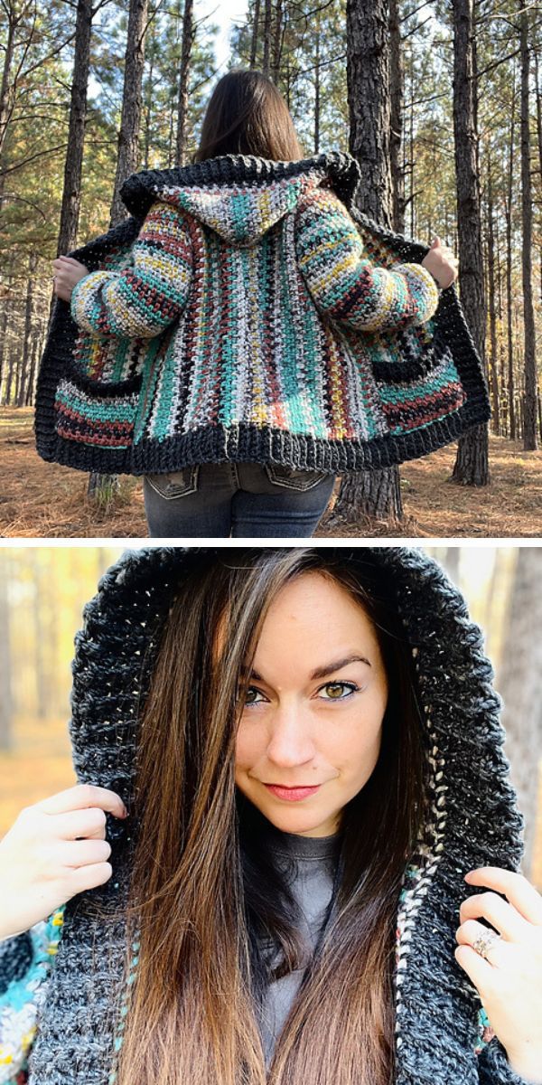 Two pictures of a woman wearing crocheted cardigans, one of which features a hood.