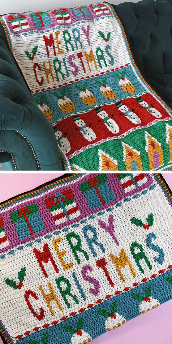 Two cozy pictures of a crocheted Christmas blanket.