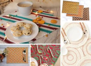 A collage of crocheted placemats and a cup of coffee.