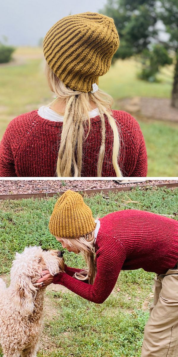 Two pictures of a woman wearing knitted beanies petting a poodle.