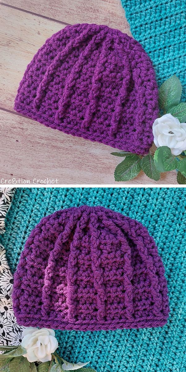 A purple crocheted hat.