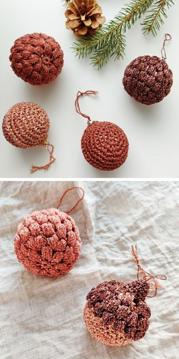 Crocheted pine cone ornaments on a table.