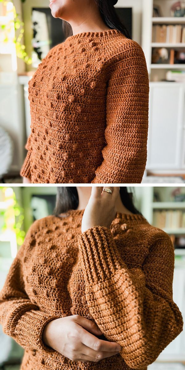 Two pictures of a woman wearing a crochet sweater.