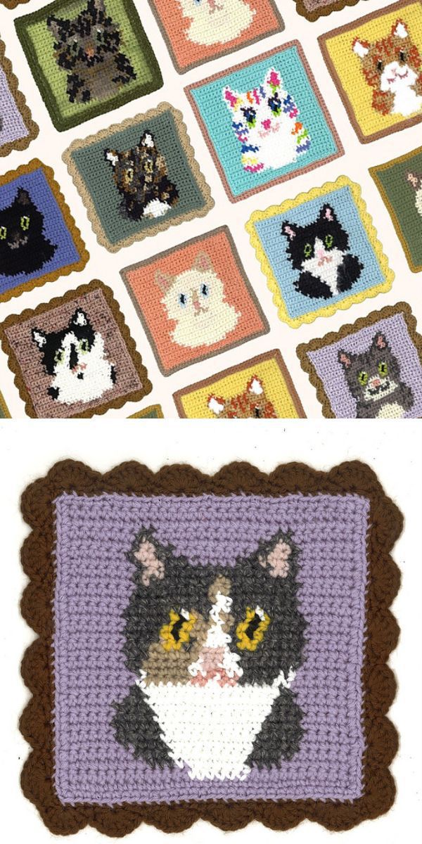 A tapestry crochet square with cats on it.