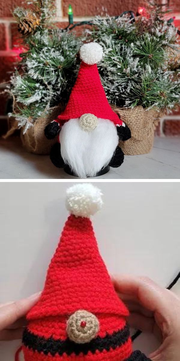 A crocheted Santa Claus gnome amigurumi.