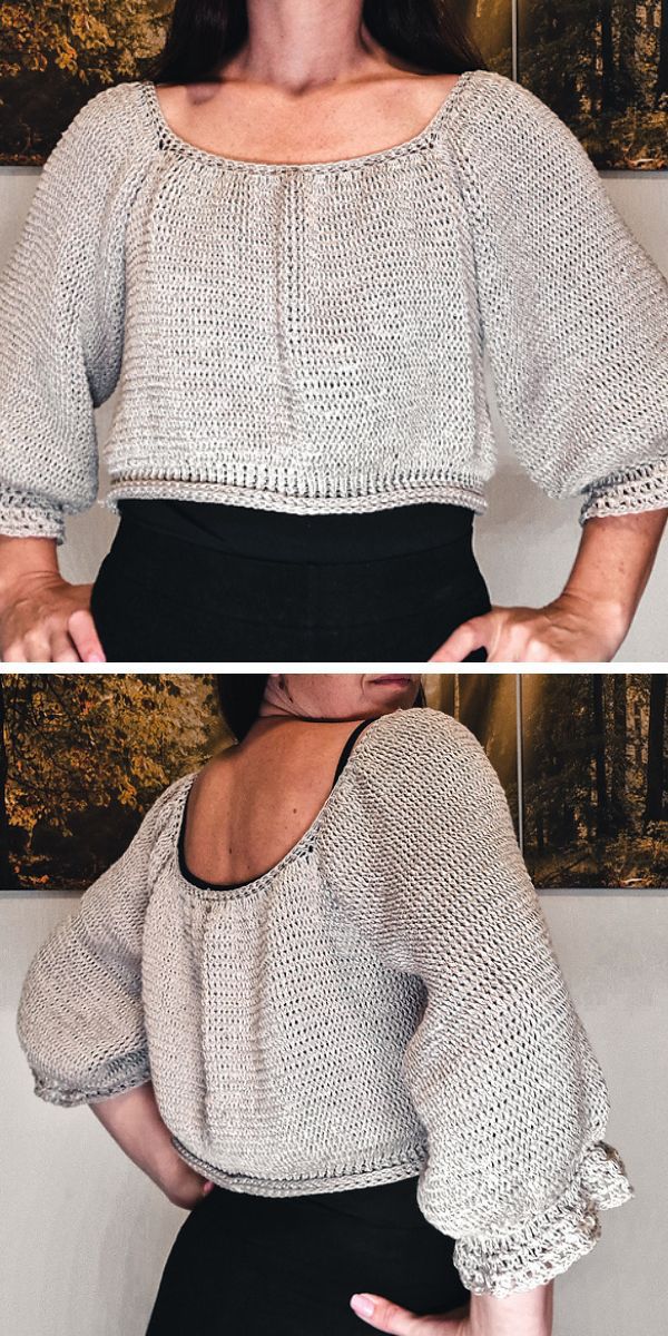 Two pictures of a woman wearing a crochet sweater.