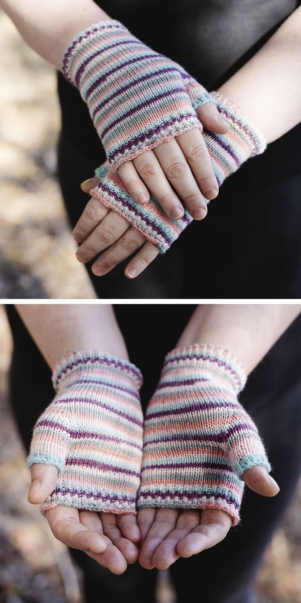 A knitted pair of fingerless mitts.